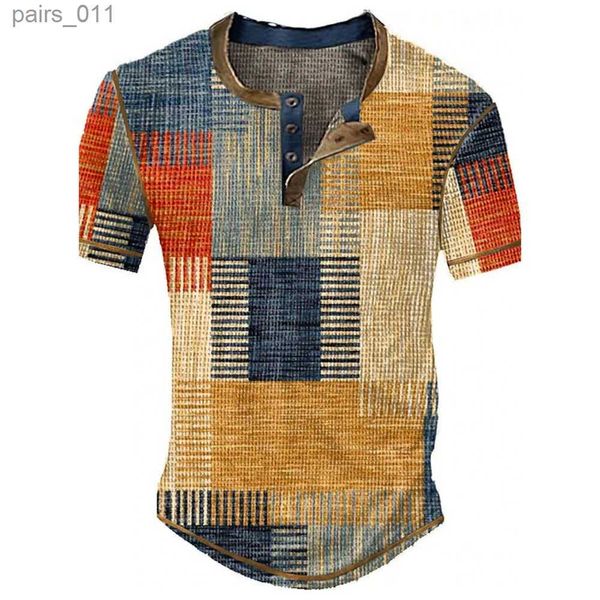 Erkekler Sıradan Gömlekler Renk Bloğu Ekleme İş Grafikleri 3D Baskı Henry Gömlek Erkek Moda Ultra İnce Kısa Kollu T-Shirt YQ240409