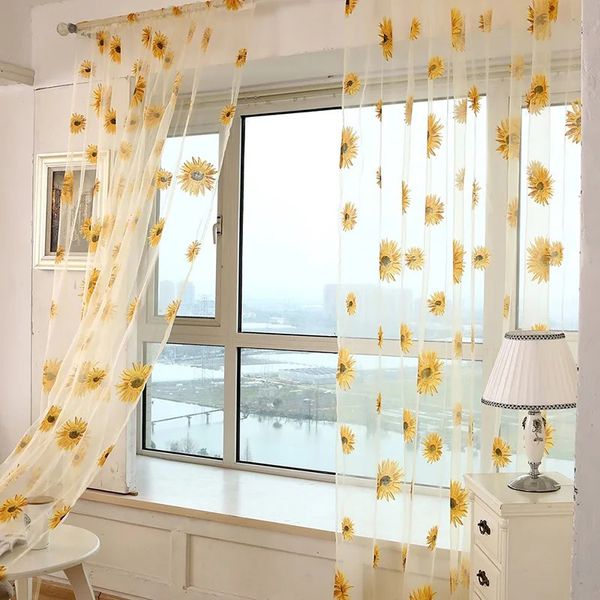 Sonnenblumenmuster Tüll Vorhang Kleine frische transparente Vorhang Küche Fenster Blindvorhänge Haus Wohnzimmer Dekoration