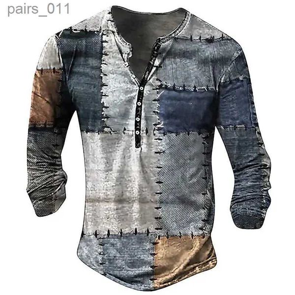 Erkekler Sıradan Gömlekler 2024 Yeni Yama İşi Denim Retro Mens T-Shirt Izgara Desen Uzun Kollu 3D Baskılı Gömlek Büyük Boy Düğmesi V Yağ YQ240409