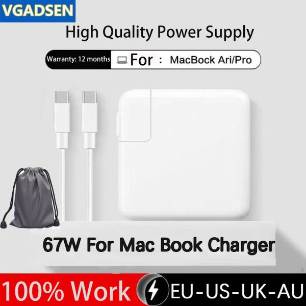 Поставки 67W USB C Зарядное устройство для ноутбука для MacBook Pro 13 14 15 16 -дюймовое A2442 A2141 MacBook Air M1 M2 PD Fast Smart Charger с C -C -Cable