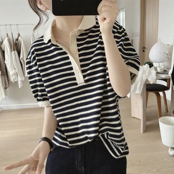 Striped Polo -Hemden für Frauen T -Shirts Puff Kurzarm Tops Damen Sommer Tee Korean Luxus Kleidung Puppenkragen 240409