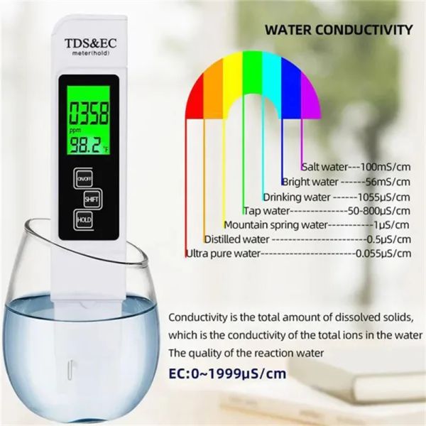 1pc 3 in 1 TDS Tester Acqua Messa di temperatura EC Conte misurazione Digital LCD Test dell'acqua Pen Penity Filtro Monitoraggio della qualità dell'acqua