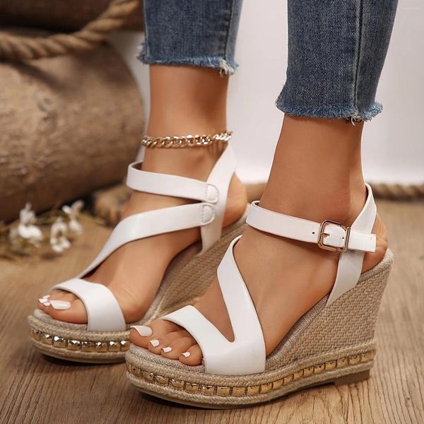 Sandalen Frauen Sommer Einfacher Hang Heel One Line Schnalle Fisch Mund Gras gewebtes Boden Leder hoch groß groß