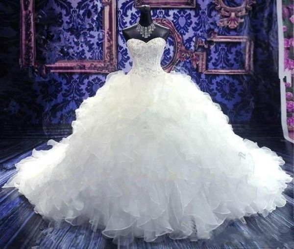 2022 Luxus Perlenkugelkleider Brautkleider Brautkleider Prinzessin Schatz Korsett Organza Rüschen Kathedrale Zug Vestido de N1631634