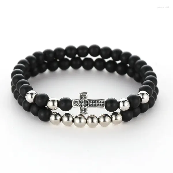 Strand 2 шт./Набор Noble 6mm Matte Black Stone Bears Bracelet Pave Cz 4 Цветные кросс -браслеты для женщин -ювелирных ювелирных изделий для женщин