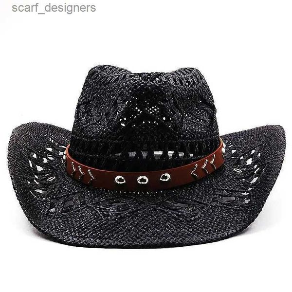 Chapéus de balde largura Chapéus de balde Novo chapéu de cowboy verão palha feminina chapéu de sol artesanal para homens cowgirl false decoração de gem casual boné panamá y240409