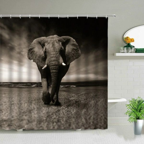 Graue Elefant -Duschvorhang, tropische afrikanische große Wildtierwaldbäume Polyester Stoff Herbst Badezimmer Dekor Haken