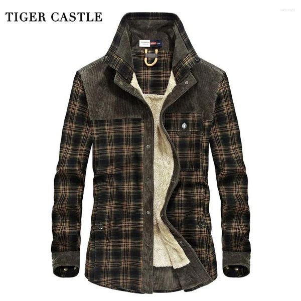 Herren lässige Hemden Tiger Schloss Herren Militär Fleece Winterhemd Baumwolle warmes männliches kariertes langarmes Armee Kleidblusen Blusen