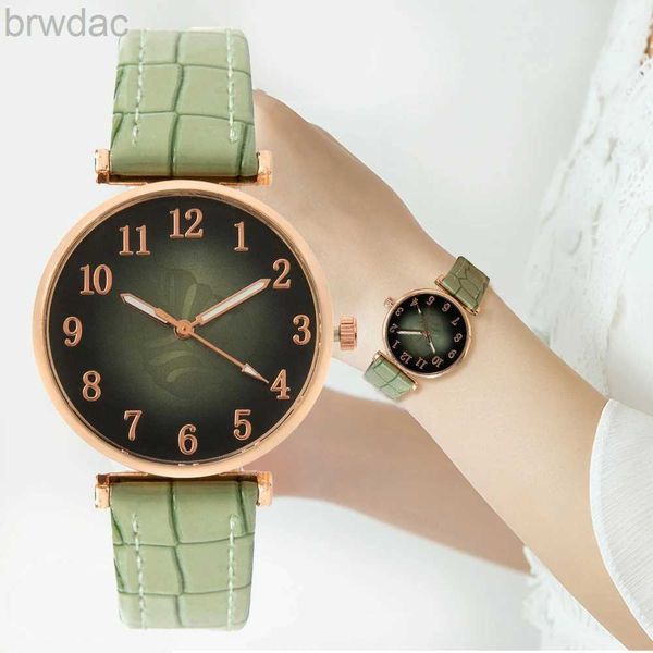 Frauen Uhren Einfache grüne Blätter digitaler Stil 2023New Women Branded Quartz Watch Casual Leder -Gurt Damen Uhr Kleid Uhren 240409