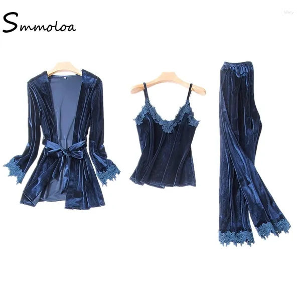 Abbigliamento da casa Smmoloa Velvet Pigina Donne Autunno Sleep abbigliamento Set da 3 pezzi Pijama Lace Sexy Velor Pigiamas