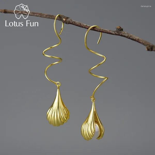 Dangle Ohrringe Lotus Fun natürliche Mutter von Perlenperlen in Muscheln Kurve Länge für Frauen 925 Sterling Silber Luxus Feinschmuck