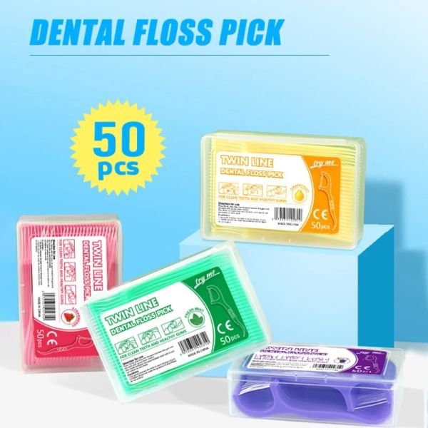 50pcs/caixa com sabor colorido de frutas com fio dental colheita de dentes com caixa de armazenamento linha dupla alta de dentes de força de tração