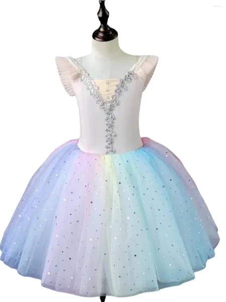 Sahne Giyim Çocuklar için Glitter Bale Elbisesi Sequin Tutu Leotard Kız Performans Prenses Parti Dans Etekleri