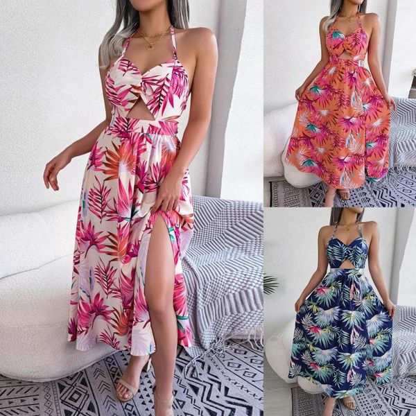 Vestidos casuais estampas florais tropicais vestido longo bohemian para mulheres sexy halter backless party praia maxi spaghetti tira