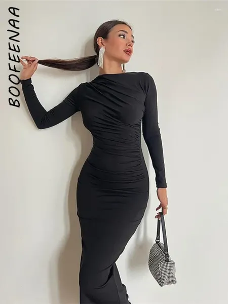 Lässige Kleider Boofeenaa Ruched Long Sleeve Bodycon für Frauen Herbst Winterkleidung elegante Mode All Black Dress Party C83-CF32