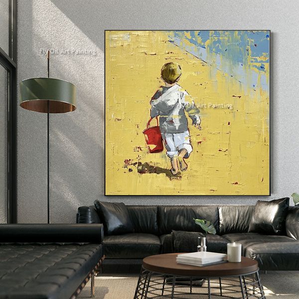 Little Boy on the Beach Tela Painting Handmade Kids Seascape Beach Painting on Panel Oil Painting Arte moderna per decorazioni per la camera da letto