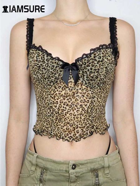 Женские танки Camis iamsure Holiday Sexy Leopard Pattern Mesh Camis Top в ультра -тонком кружевном украшении Диагональный вырез рука