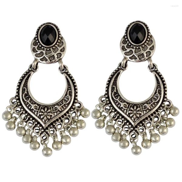 Dangle Ohrringe Vintage Gold Silber Farbe Metall geschnitztes Blütenherz für Frauen Glockenperlen Quasten Indien Ethnischer Schmuck