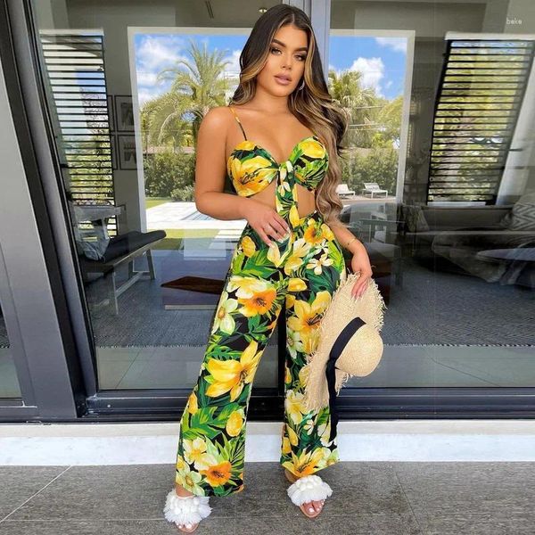 Damen zweisteuelhafte Hosen WUHE SPAGHETTI GETRAUM BLOTER PRINTED KUNDENDRUCK CROP TOP Weitbein Set sexy Sommer Beach Frauen Overalls