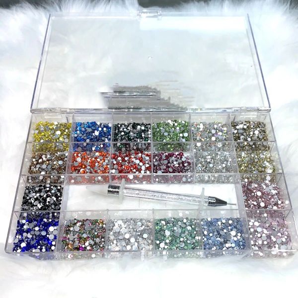 Analyzer 14400pcs/Box multicolore SS3SS20 Shinestones unghie miste +Piciere Penna piatta Flatback Flatback Crystal Round Nail Art Decorazione di vetro pietre di vetro