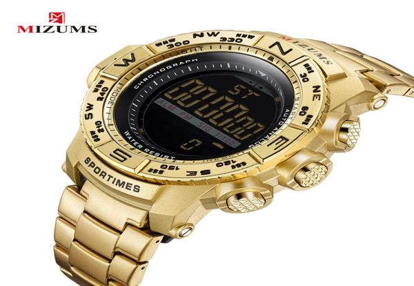 Mizums Chronograph Mens Watches Man LED Digital Watch for Men Waterproof Alarm Sports Reloj Hombre Gold in acciaio inossidabile Maschio 1640917