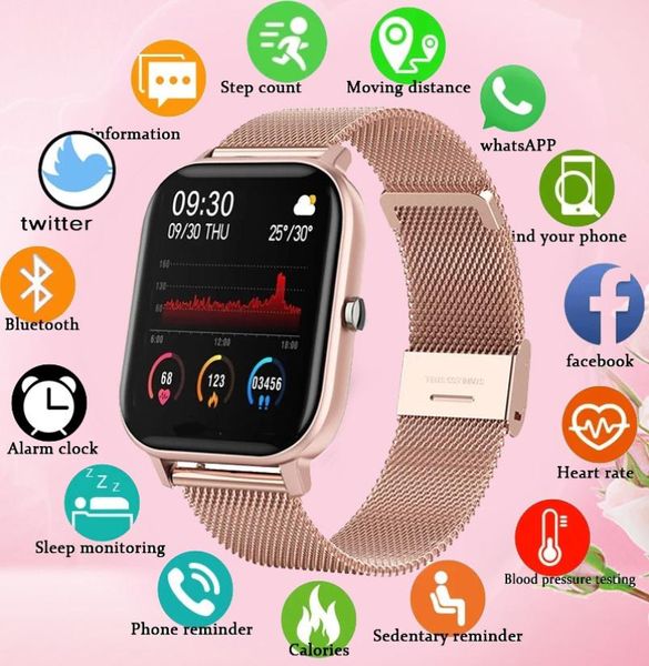 Новые умные часы P8 Цвет экрана, женщины, мужчины полное прикосновение фитнес -трекер, кровяные, умные часы, женщины Умные часы для Xiaomi8199999