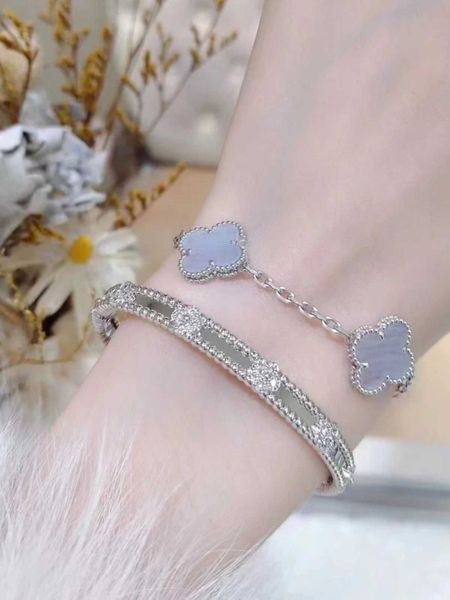 Feerie van Bracelet S925 Prata esterlina Natural Purple Chalceceny Lucky Four Clover Cinco Bracelete de Flores Feminino e Presente Minimalista