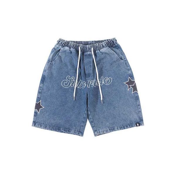 Calça shorts masculinos Loose High Street Sports Sports Sports Womens Short Jeans American Style Borderyer Denim Y2K Clothing Summer J240409