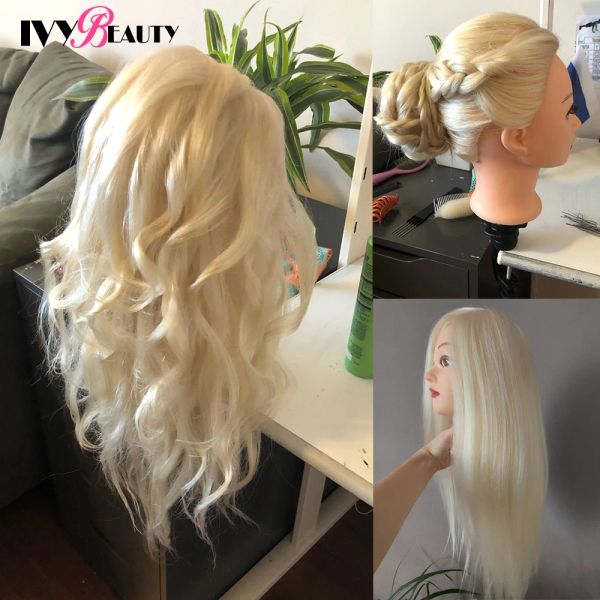 Sarışın Manken Kafası Saç Modelleri için% 80 İnsan Saçlı Kuaförlük Örgüsü Eğitimi Hairart Berber Dolls Kafa Wig Stand ile