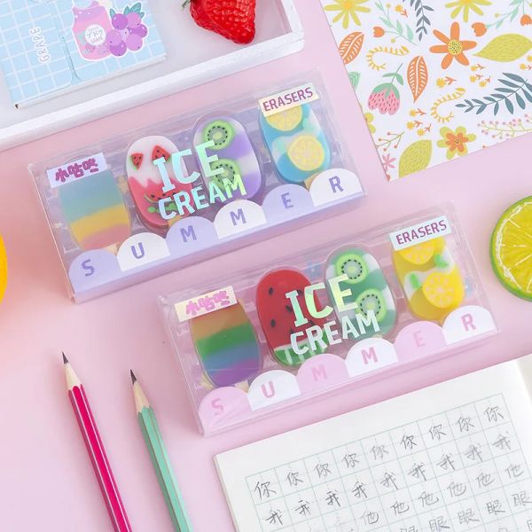 1 Set Bunte Sommer Eiscreme Früchte Gummi -Radiergummi Kawaii Erasers School Supplies Schreiberei für Kinder Schüler Coole Preise