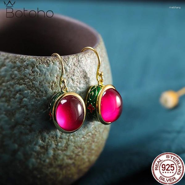 Brincos de garanhão vintage 925 Sterling Thai Silver Drop Jóias Oval Red Corundum Despirendo o brinco étnico de pedra preciosa e étnica feminina