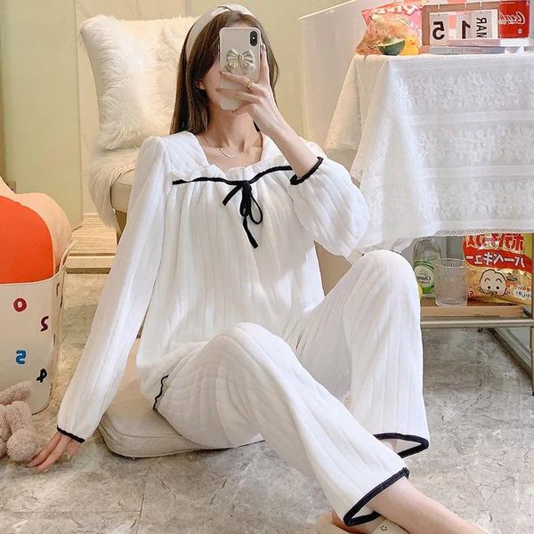 Home Clothing Casual Beamte Frauen Pyjamas Set 2024 Lounge Wear 2 Stück Flanell PJS Anzug Winter Nachtwäsche Pyjama weiße Kleidung