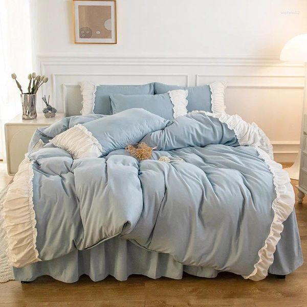 Bettwäsche Sets 2024 Set King Size White Side Rüschen Bettdecke Kissenbezug Bettwäsche/Rock Korean Polyesterblau Erwachsene Haus Textile