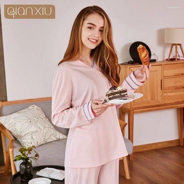 Roupas domésticas qianxiu casal estilo pm pijamas masculino de lingerie confortável roupas de cor sólida