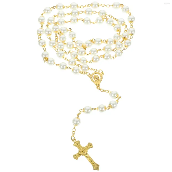 Colares pendentes Craucifix Chain Rosário Imitação Vintage Pearl Miss Jóias