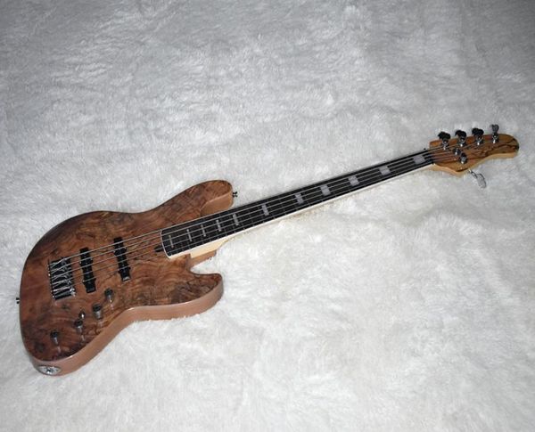 Factory Brown 5 Strings Bass Ectric Guitar com mapa de grãos verdes de encadernação de ligação de pescoço de pescoço embutido