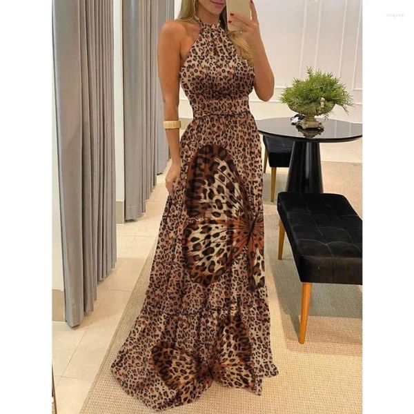 Abiti casual sexy boho spiaggia abito lungo vestita farfalla stampa leopardola cavello sottile in vita legato grande orlo serata ventidos