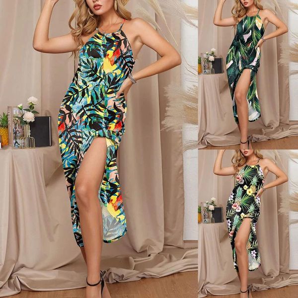 Lässige Kleider Frauen Sommerkleid tropische Blumendruckseite aufschlitz offen ärmellosen Maxi Mode locker