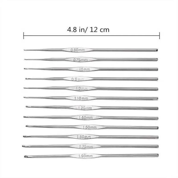 12 pcs maniglia in metallo aghi a maglia gancio all'uncinetto Impostare piccole dimensioni da 0,6-1,9 mm aghi all'uncinetto in pizzo fai-da-te per strumenti di trama del filo