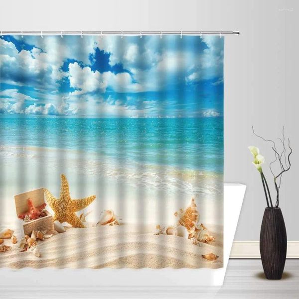 Душевые занавески Ocean Starfish Beach Landscape Cerelse Seechells морские пейзажи тропические кокосовые деревья ванная комната с крючками