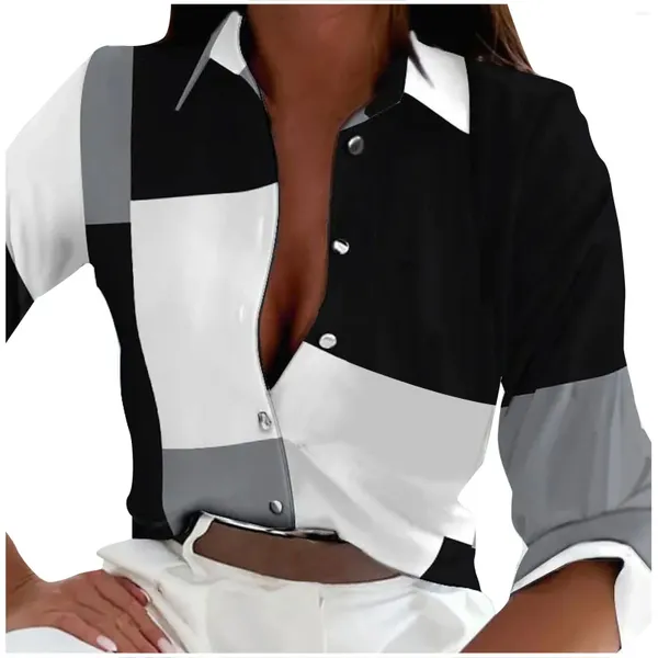 Bloups feminina camisa checada lapela preta branca abstrato botão de blusa de manga comprida diariamente diariamente básico blusas de tamanho
