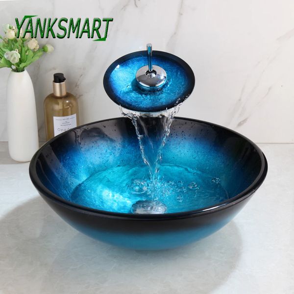 Yanksmart blu rotondo tondo tondo trasparente lavabo in vetro del lavabo set bancone per lavabo lavatura vano lavandino miscelatore di lavandino miscelatore