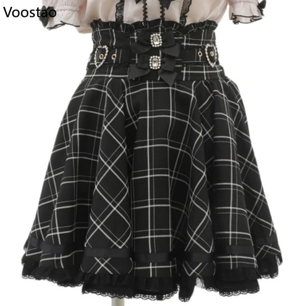 Gothic Lolita Ribbon Double Bow High Taille Rock Frauen Süße Perle Schnalle Spitze Faltenrock Japanisch niedliche A-Linie-Miniröcke 240328