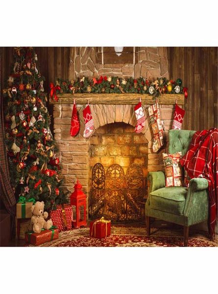 Внутренний рождественский камин Фон Винтажный компьютер напечатанные рождественские деревья игрушки для медведя Подарочные коробки Стул с новым годом POCORGE8972573
