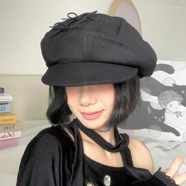 BERETS COREAN Sweet Bow Design for Women Show Face Small Fring Summer Travel Versatile retrò corto Cappello ottagonale