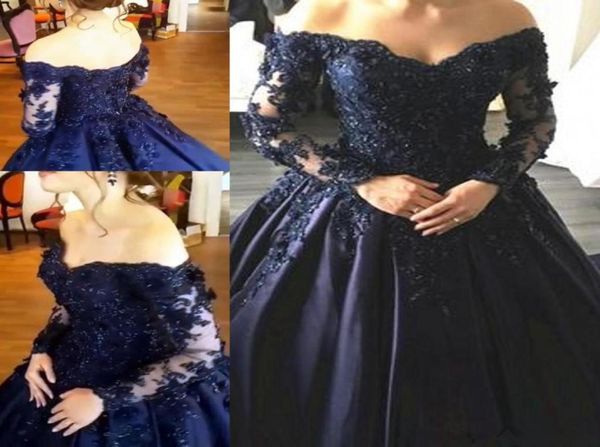 Elegante dunkelblaue Mutter der Braut Kleider Spitzen Applikationen Langarme Ballkleider von Schulterabschlusskleidern Hochzeit Gastkleid 5661750