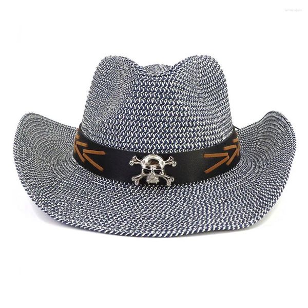 Boinas crânio de couro decoração de cinto ocidental chapéu de cowboy masculino masculino feminino de palha de praia com corda à prova de vento boné