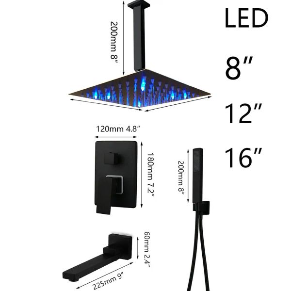 Monite 8 12 12 polegadas Torneira de chuva preta de chuveiro preto de 16 polegadas Tuba de chuva Led Banheira Praça de chuveiro de chuveiro Cachoeira Torneira do chuveiro