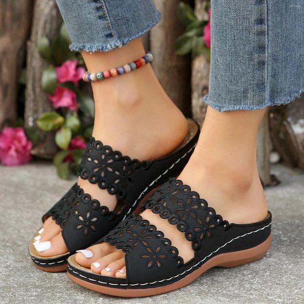 Sommerfrauen 2024 Frauen Sandalen S Schuhe Dicker Soled Keil modische Blume Hollow Ein Bein bequemer Sandalenschuh Fahionable 214