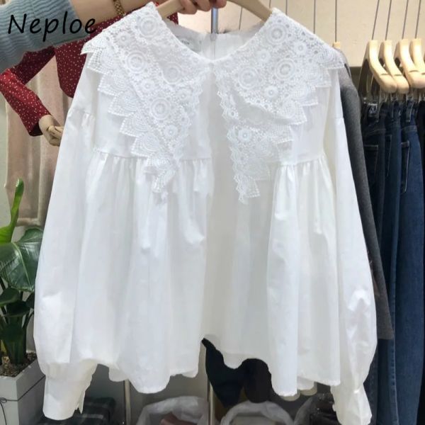 Kleider Neploe koreanische elegante Spitze Patchwork Bluse Frauen Peter Pan Kragen Pullover Langarm süße Blusas Feste Frühlingshemd